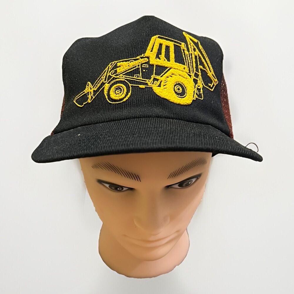 Vintage Backhoe Trucker Hat SnapBack 1980s Mesh Earth Mover Black Maroon